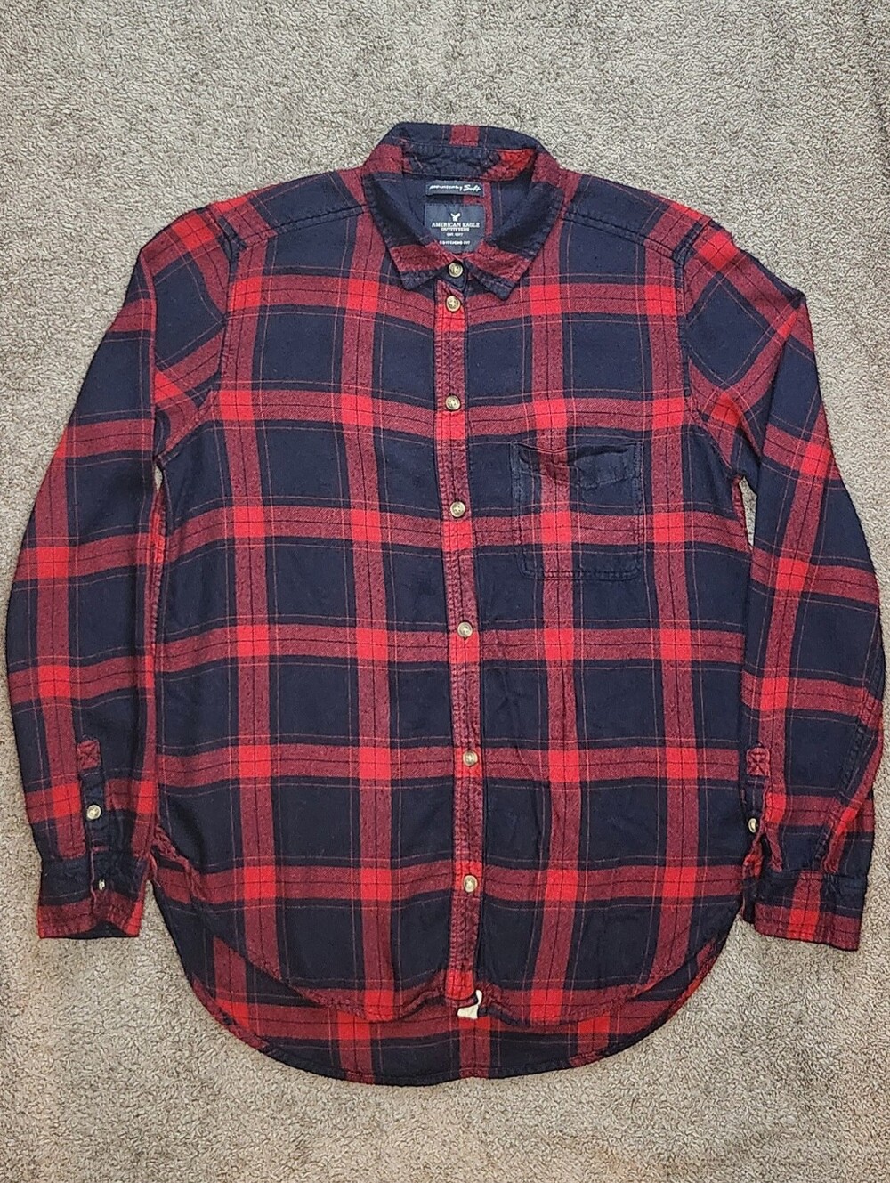 Red & Navy Blue Plaid American Eagle Outfitters Flannel Shirt